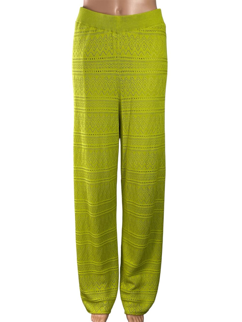 Simorra Green Knitted Eyelet High Waisted Palazzo Wide Leg Trousers Pants Size M
